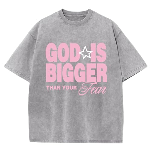 QISSYILY Oversized Christian Shirts for Men Vintage Faith Acid Wash Tshirts God is Bigger Graphic Tees Religious Bible Shirt(Light Gray L)