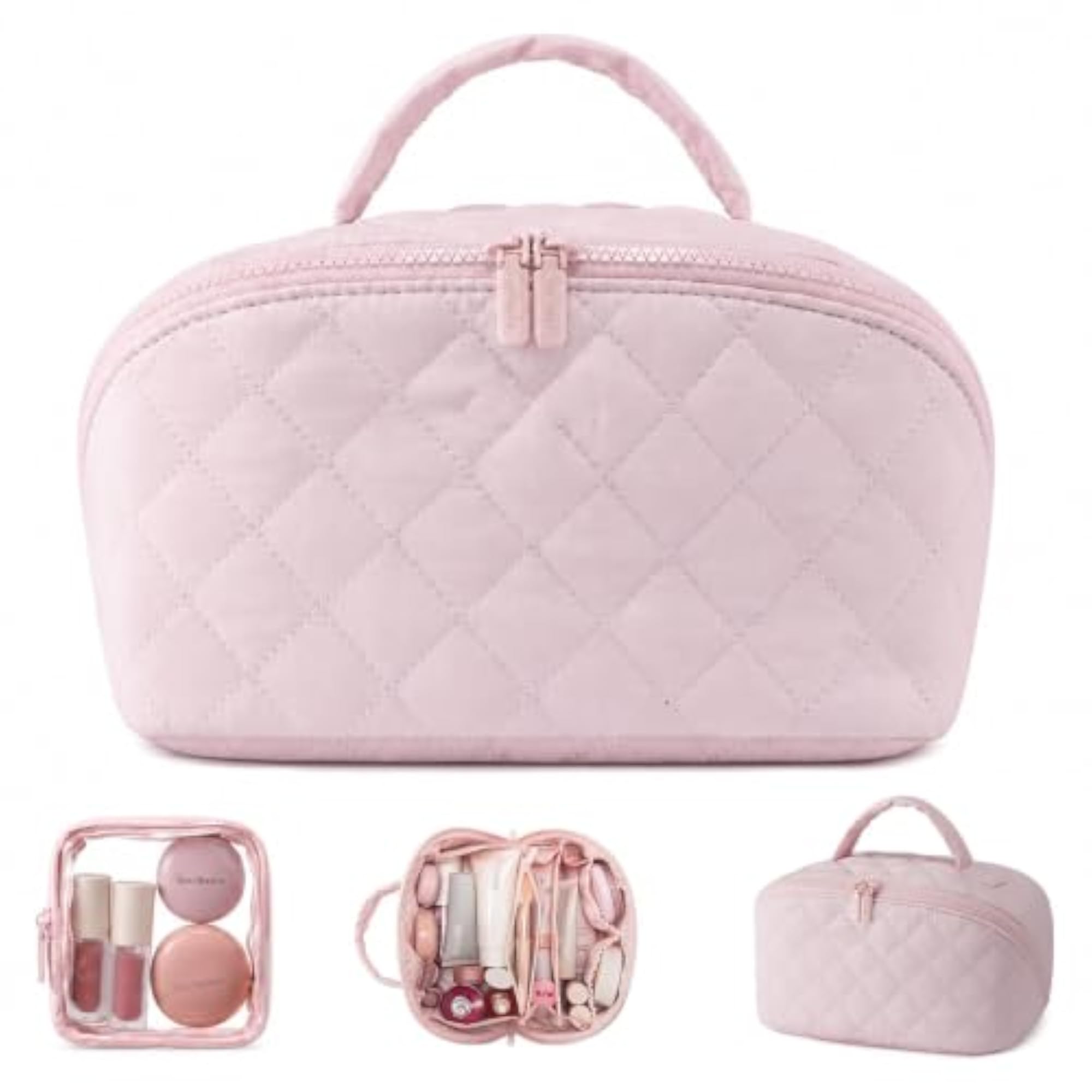 Large Capacity Makeup Organizer Bag with Small Pouch, Pink