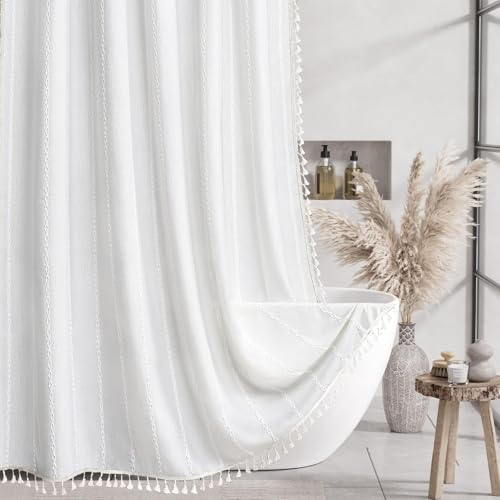 Colorigan Boho Farmhouse Shower Curtain - Linen Rustic Heavy Duty Fabric Shower Curtain Set with Tassel, Water Repellent Cloth, Modern Bohemian Chic Country Bathroom Shower Curtains by Colorigan - Used condition - US$17.18