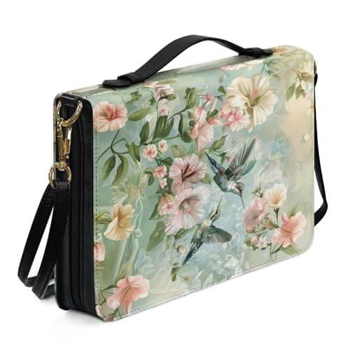 Wnbucioht Hummingbird Flower Bible Cover for Women Hummingbird Print Leather Bible Case Lightweight Book Carrying Case with Shoulder Strap Fashion Bibles Protector for Churches Study Supplies Size XL
