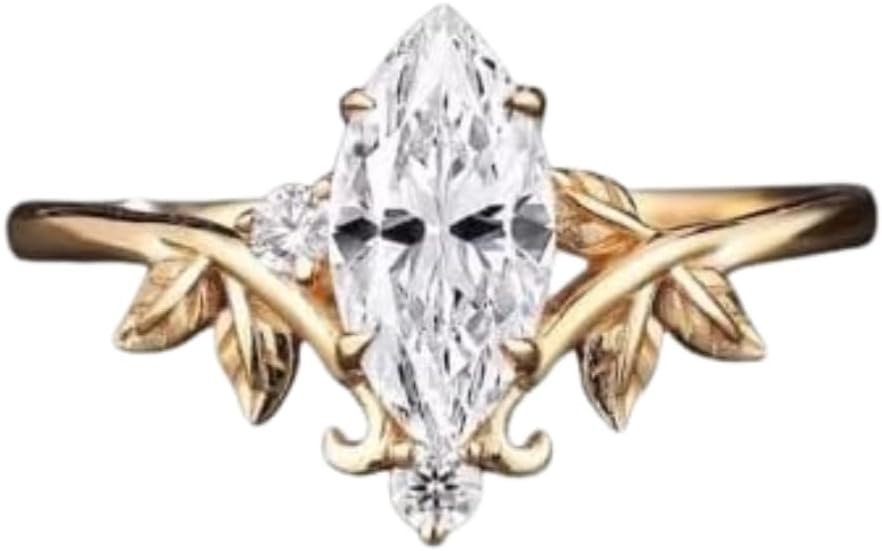 Sterliqe Vintage Style Marquise Cut Diamond Trilogy Engagement Ring Leaf Branch Inspired Wedding Ring 14K Yellow Gold Plated Promise Ring For Her 925 Sterling Silver Curved Dainty Wedding Band