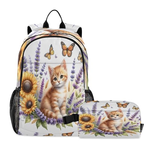 ALAZA Cute Kitten Cat with Lavender Flowers Kids Backpack Elementary Girls Boys Bookbag Rucksack Primary School Bag Backpack Set with Lunch Bag