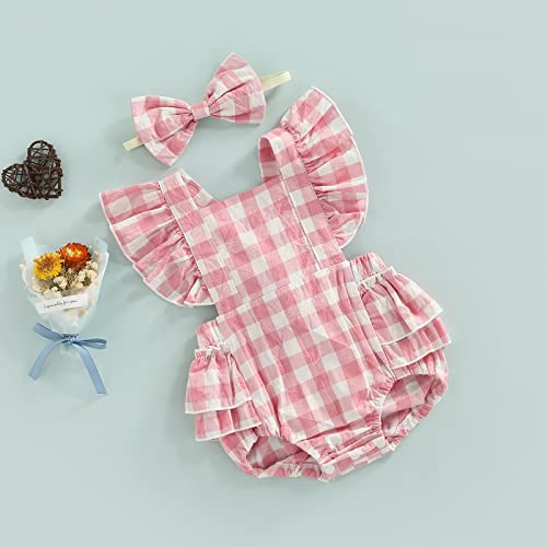 0-24M Newborn Infant Baby Girl Romper Ruffle Jumpsuit Overalls Sunsuit Plaid Print Summer Clothes (Pink, 6-12 Months) #TOP2