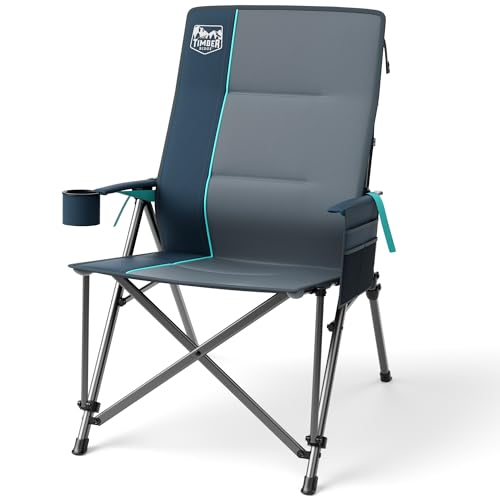 Timber Ridge Oversized Camping Chair with Lumbar Support, Portable Folding Chair Heavy Duty for Adults Supports 450 LBS for Outdoor Camping Lawn, with High Back, Cup Holder, Side Pocket, Blue