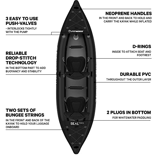 Foto von FitNord Seal Two, aufblasbares Schlauchboot mit komplettem Zubehör, Kajak für 2 Personen, 390 x 90 x 45 cm, Schwarz