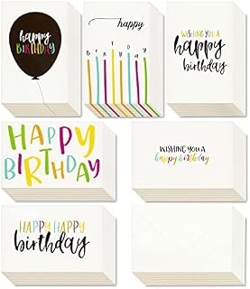 Happy Birthday Greeting Cards (48-Pack) - 6 Handwritten Modern Style, Colourful Designs - Blank on the Inside, Envelopes Included - 10 x 15 Centimetres