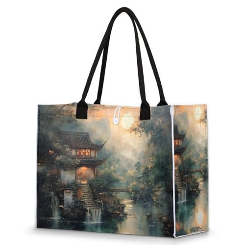 Landscape House River Tote Bag for Women Large Beach Bag Reusable Tote Bags for Work Travel Beach Shopping