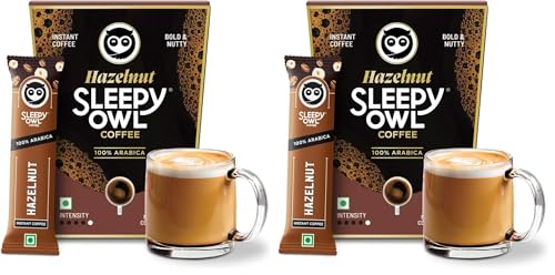 Image of Sleepy Owl Hazelnut Freeze Dried Coffee Sachets | 20g - Pack of 20 x 2g Instant Coffee Powder Sachets | 100% Arabica Beans | Aromatic Coffee Pouch | Rich & Smooth | Easy to Use & Carry