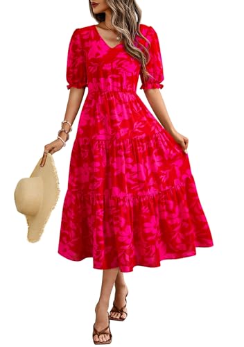 Okiwam Womens Summer Dresses 2025 Spring Casual Floral Short Sleeve Ruffle Flowy Midi Dress Boho Beach Vacation Sundress-XXL Rose Red