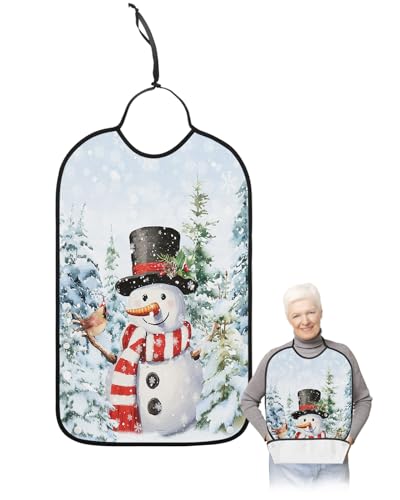 Red Christmas Snowman Adult Bibs for Eating, Waterproof Bibs with Food Catcher & Adjustable Snap Closure, Blue Green Xmas Tree Winter Snowflake Clothing Protectors Adult Bibs for Elderly Women/Men