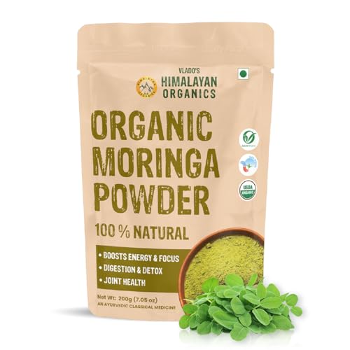 Image of Vlado's Himalayan Organics 100% Organic Certified Moringa Powder - Natural Superfood with 120+ Nutrients, Antioxidants & Vitamins - Drumstick Leaf powder | Herbal Supplement I for Immunity, Digestion & Energy I Rich In Antioxidant & Protein - 200g