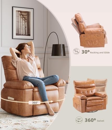 Image of Oversized 360 Swivel Rocking Recliner Chair with Massage & Heat, Ergonomic Lazy Chair with Remote Control for Living Room, Bedroom & Nursery, Vintage