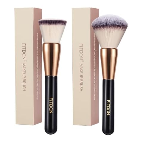 FITDON Foundation Brush and Powder Brush, 2PCS Professional Flat Top Kabuki Makeup Brush Bronzer Blush Brushes for Liquid, Cream and Powder Cover