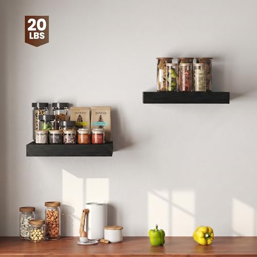Image of Dreamland 16 inch Floating Shelves for Wall, 12 inch Deep Thicker Black Floating Shelves, Wall-Mounted Shelves for Bedroom, Living Room, Kitchen, Bathroom - Set of 3