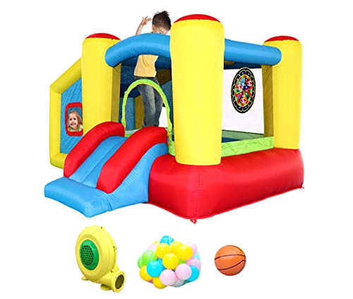 WELLFUNTIME Inflatable Bounce House with Blower, Jumping Castle Slide, Kids Bouncer with Ball Pit, Basketball Rim, Dart Target Game