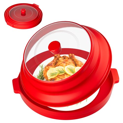 2 in 1 Microwave Splatter Cover, Large Plastic & Silicone Collapsible Vented Food Guard Lid with Anti-scald Base Plate, Plate Holder & Kitchen Colander (Red)