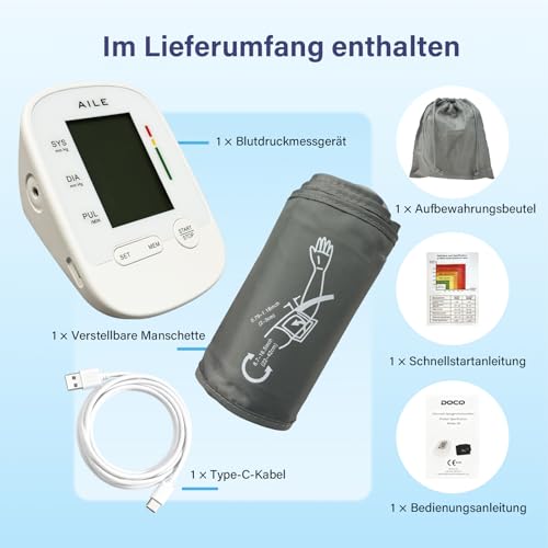 AILE X6 Blutdruckmessgerät Oberarm (22-42cm) – Automatisches Oberarm Blutdruckmessgerät, 3-Farben-Hintergrundbeleuchtung, Oberarm-blood pressure monitor,Großes LCD, 2×99 Speicher, Arrhythmie-Erkennung