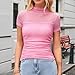 Womens Summer Sexy Mock Turtle Neck Short Sleeve Tops Sheer Mesh Shirts Slim Blouse Trendy Ruched Going Out Outfits Pink M