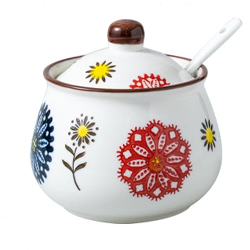 Mosuji Porcelain Sugar Bowls with Lids and Spoons, 10 oz Ceramic Spice Jars for Kitchen, Seasoning Containers for Salt, Pepper, Sugar, or Condiments, Handmade with Floral Design (LHH)