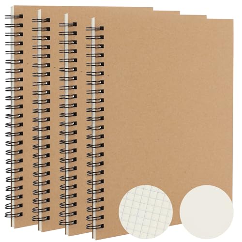 Fasood 4 cuadernos A5 cuadriculados en espiral, 2 en blanco y 2 cuadrados, 80 hojas, cuaderno de ...