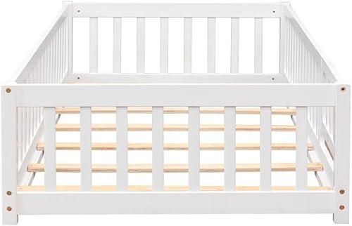 Miniatura 48 de Cama de suelo de tamaño matrimonial, marco de cama Montessori de madera maciza con barandillas en forma de valla y puerta pequeña y listones de