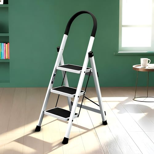 Image of Plantex Ladder for Home 3 Steps /Foldable Ladder with Anti-Skid Wide Steps (30L x 20W cm) /Strong D-Shape Pipe with X-Support for More Stability /5 Year Warranty(Apex-White)