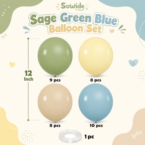 Image of Sage Green Blue Balloons, 12 Inchs Dusty Blue Yellow Avocado Green Apricot Balloons for Girls Kids Birthday Party Wedding Anniversary Engagement Bridal Baby Shower Decorations