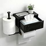Portarrollos de papel higiénico 2 en 1, sin agujeros, negro, con caja para toallitas húmedas, soporte para papel higiénico con pegamento, soporte para rollos de papel higiénico con estante para baño