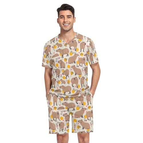 Catálogo para Comprar On-line Pijamas de una pieza para Hombre los preferidos por los clientes. 49 Laprad - Conjunto de pijama de dos piezas de manga corta para hombre, ropa de dormir con cuello en V y bolsillos, Capibaras Animal, X-Large