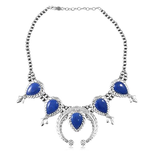 American West Jewelry Sterling Silver Genuine Gemstone Pear-Cut Squash Blossom Necklace, 17 to 20 Inches