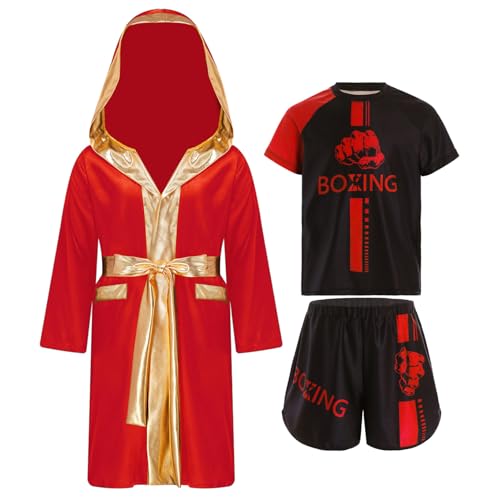 Oyolan Enfant Garçon Short de Boxe et T-Shirt Peignoir Robe de Boxe à Capuche Ensemble Combat Muay Thai MMA Kick Boxing A Rouge 5-6 Ans