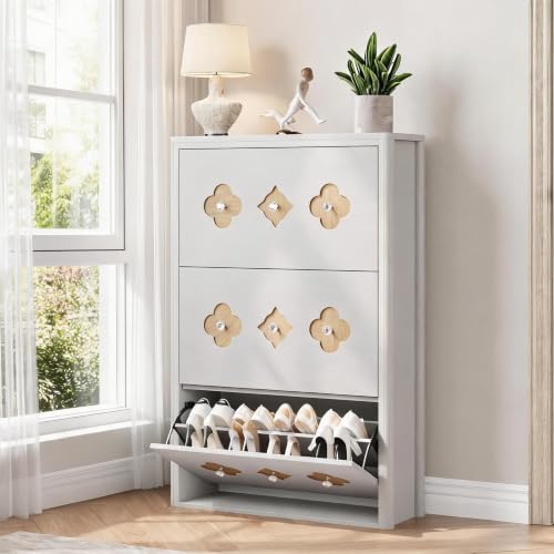 Image of GarveeHome Shoe Storage Cabinet with 3 Flip Drawers & Adjustable Shelves | Floral Pattern, Shoe Cabinet for Entryway, Hallway, Living Room, Narrow Wooden Shoe Cabinet, White