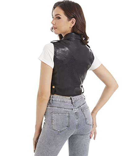 Women Faux Leather Vest Sleeveless Cropped Moto Biker Motorcyle Snakeskin Vest Jackets 063 Black S #TOP3