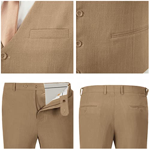 Casual Linen Men's 2 Piece Suits Wedding Suits Slim Fit Groomsmen Tuxedos Prom Waistcoat Linen Vest+Pant Khaki XXXL…4