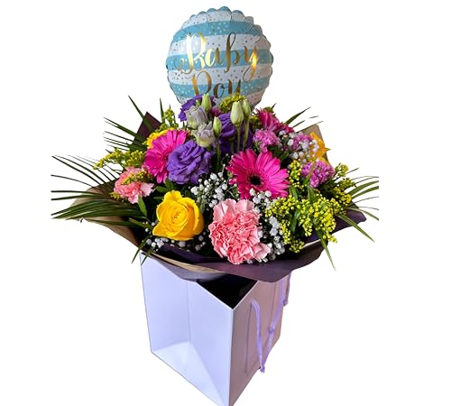 Born to Shine Baby Boy Flower Bouquet with Yellow Roses, Cerise Gerberas, Pink Carnations, Balloon for Birth Celebration, Baby Shower, Floral Occasions.