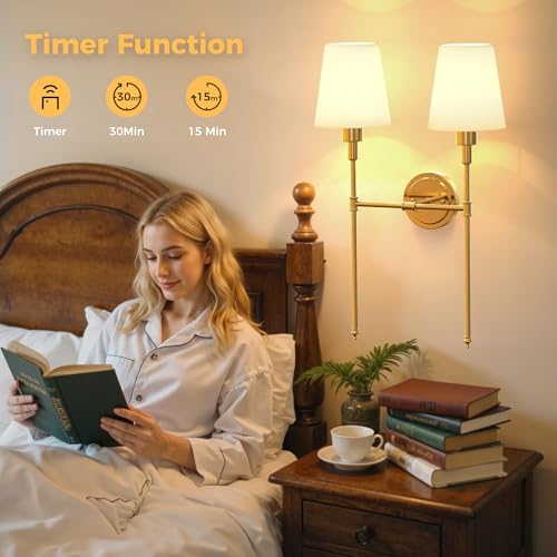 Image of DORESshop 2-Lights Battery Operated Wall Sconce, Gold Wireless Wall Light