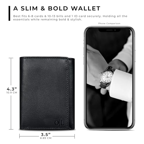 Image of Tri fold Leather Wallet for Men with RFID | Slim Wallets for Men with 1 ID and 6 Credit card slots | Front Pocket Minimalist