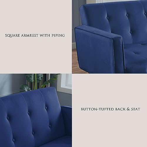 72"Modern Velvet Sofa Bed Futon,Convertible Folding Sleeper Bed Couches With 3 Adjustable Backrests,Tufted Recliner Love Seat With Golden Chrome Legs For Living Room Apartment Home Office (Navy) #TOP4