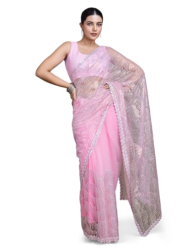 Monjolika Fashion Exclusive Women's Light Pink Color Soft Net Saree with Sequin Embellishments and Unstitched Blouse Piece Deal