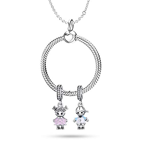 Mar's Designs - Colgante de Plata de Ley con Pareja de Charms Originales Plata compatibles con Pandora niño y niña. Collares Mujer con Aro de Plata. Colgantes con Cadenas de Plata. Regalo madre Cover