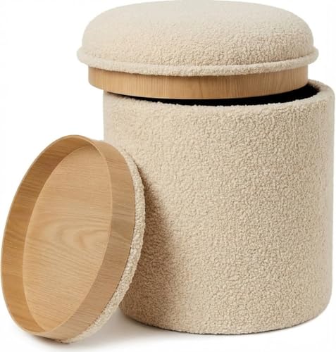 RIOGOM®️ Reposapies Salon - Puff Almacenaje con Mesa de Madera Reversible Tela Suave, Baul Almacenaje, Reposapies Sofa, Taburete almacenaje, Banco almacenaje, Banco almacenaje Asiento, Ø34x38 (Beige)