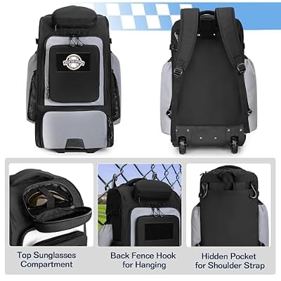 GOBUROS Rolling Baseball Backpack with Wheels, Softball Catchers Equipment Bag Holds 4 Bats, Roller Baseball Backpack with Shoe Compartment and Multiple Pockets for Baseball Gear with Fence Hooks