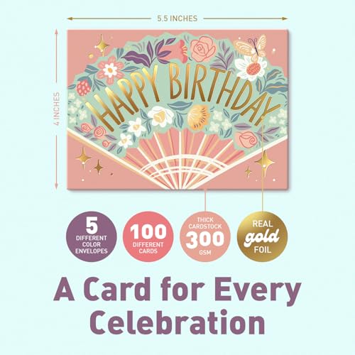 Image of S&O Box of Happy Birthday Cards with Envelopes - 100 Unique Memorable Birthday Cards with Envelopes - Colorful Important Day Notes Bulk for Office & Home - Assorted Occasion Greetings - 4x5.5 inch