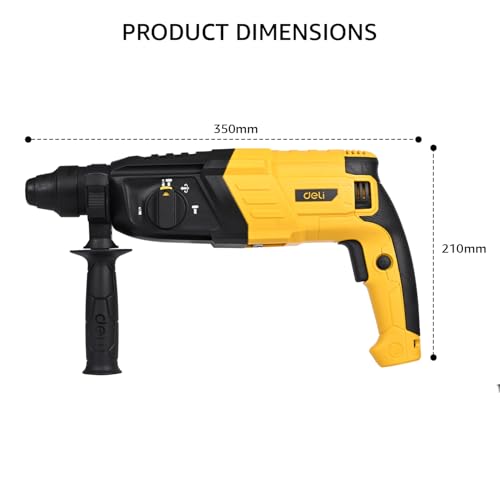 Image of Deli DL-DC26-E1 800W 26mm Corded Electric Rotary Hammer Drill with 0-1150RPM No Load Speed 3 Modes 220-240V~50 /60Hz Machine for Home Wall & Floor Drilling (Pack of 1, Yellow and Black)