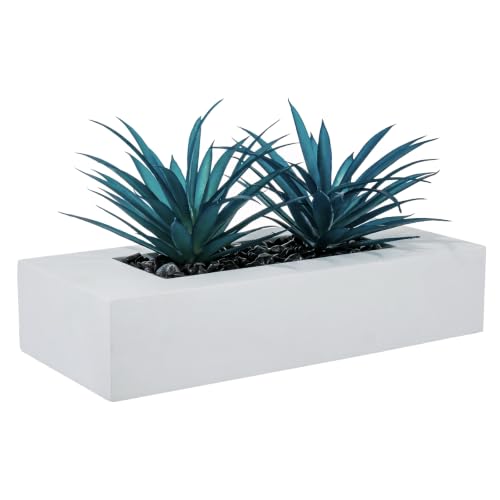 MyGift 10-Inch Artificial Grass Plant in Rectangular Wood Planter (White, 10 Inch)