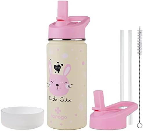honogo 16 oz Stainless Steel Insulated Kids Water Bottle, Leak Proof Metal Thermos Flask with Straw lid, Cute Toddler Tumbler Cup for School Girls & Boys (Pink, Bunny)