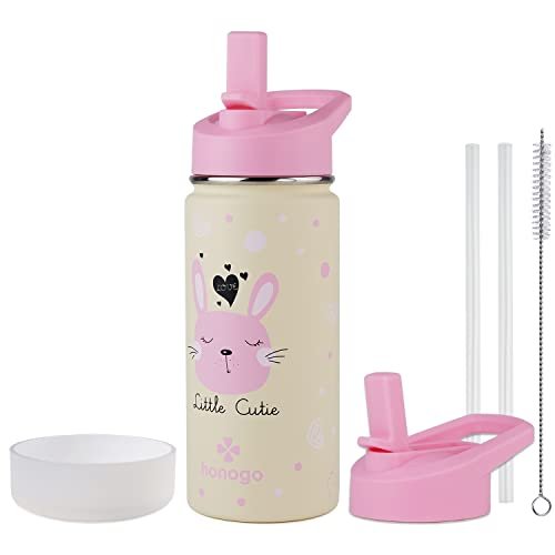 Honogo 16 Oz Stainless Steel Insulated Kids Water Bottle, Leak Proof Metal Thermos Flask With Straw Lid, Cute Toddler Tumbler Cup For School Girls & Boys (Pink, Bunny) #TOP25