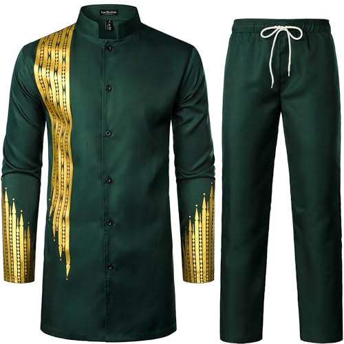 LucMatton Men's African Attire 2 Piece Set Gold Foil Print Button-Up Long-Sleeve Shirt and Pants Suit Dashiki Outfit Dark Green Large