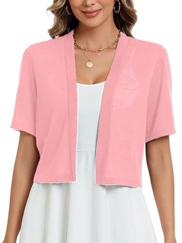 Image of Heymoments Women's Thin Shrugs Short Sleeve Lightweight Cropped Tops Open Front Knitted Cardigan for Dress Summer Bolero