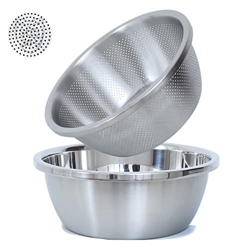 304 Stainless Steel Microporous Colander, 1.5Qt Large Capacity With Mixing Bowl For Washing Vegetables, Fruit And Rice And For Draining Cooked Pasta(2Pc)